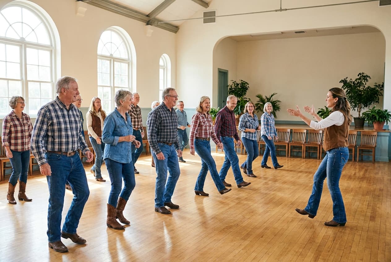 Gruppe lernt gemeinsam Line Dance im hellen Saal