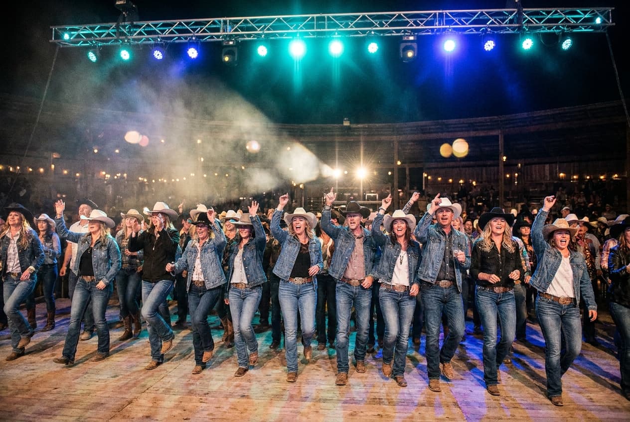 Line-Dance-Party bei Nacht mit Bühnenlicht