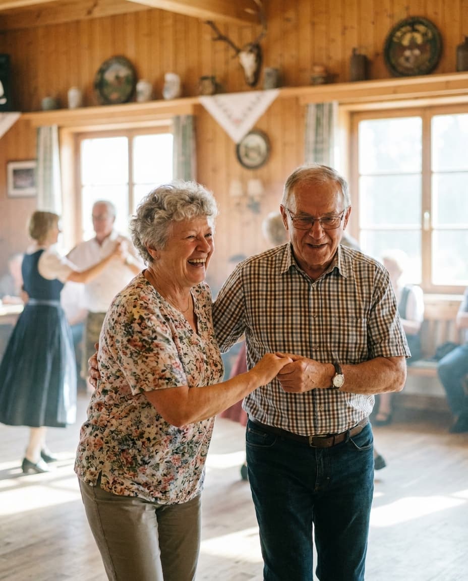 Zwei Tänzer:innen lachen gemeinsam beim Erlernen eines Schritts
