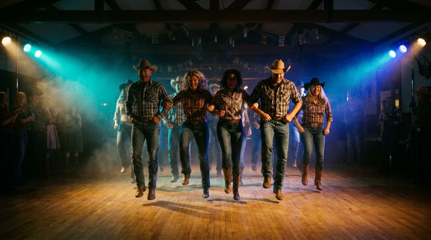 Line-Dancer:innen mitten im synchronen Schritt unter Türkis- und Königsblau-Bühnenlicht