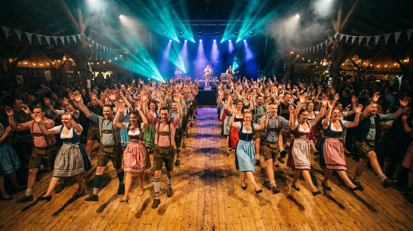 Line-Dance-Party bei Nacht mit Türkis- und Königsblau-Bühnenlicht